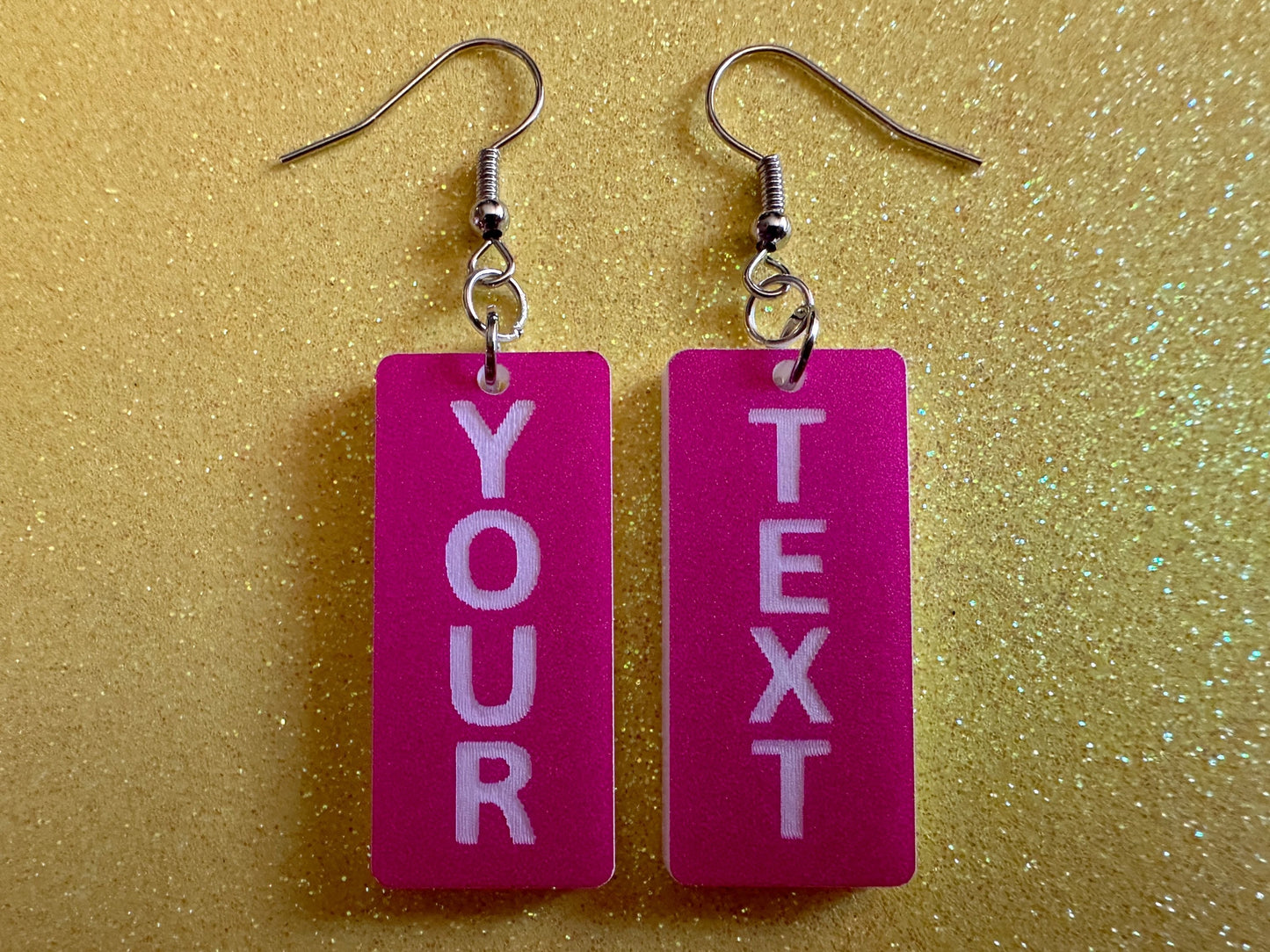 Custom Text Earrings: Laser Engraved Words, Pink with White Text, Letters, Names, Teacher Gift, Anniversary, Best Gifts for Her/Him/Them