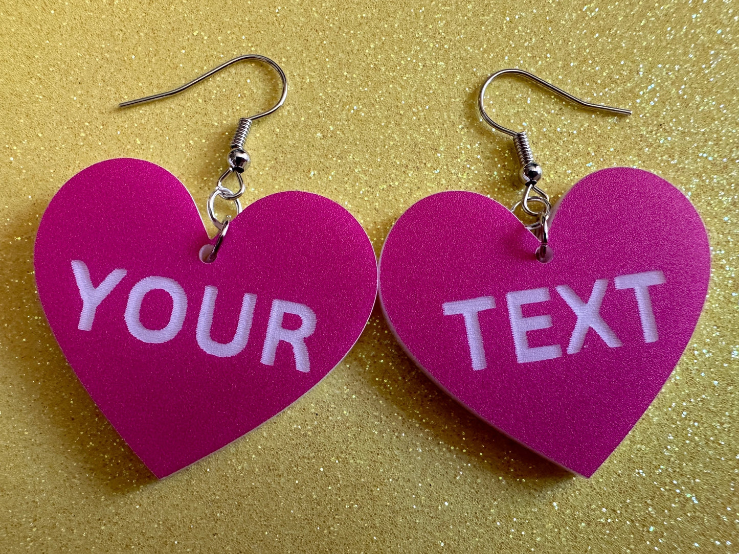 Custom Text Earrings: Laser Engraved Words, Pink with White Text, Letters, Names, Teacher Gift, Anniversary, Best Gifts for Her/Him/Them