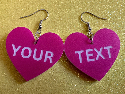 Custom Text Earrings: Laser Engraved Words, Pink with White Text, Letters, Names, Teacher Gift, Anniversary, Best Gifts for Her/Him/Them