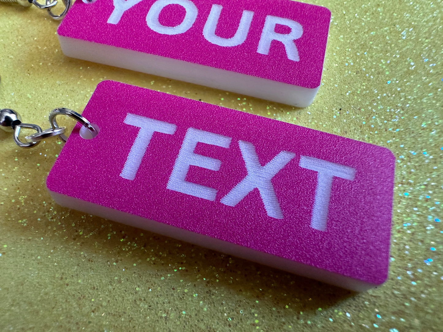 Custom Text Earrings: Laser Engraved Words, Pink with White Text, Letters, Names, Teacher Gift, Anniversary, Best Gifts for Her/Him/Them