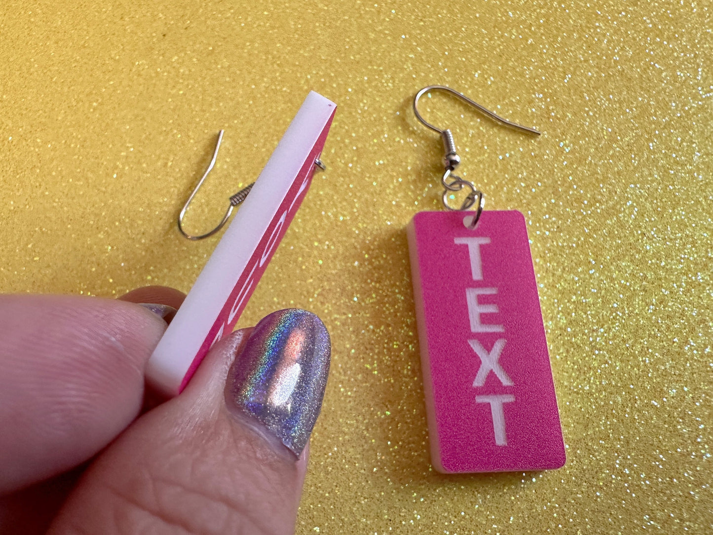 Custom Text Earrings: Laser Engraved Words, Pink with White Text, Letters, Names, Teacher Gift, Anniversary, Best Gifts for Her/Him/Them