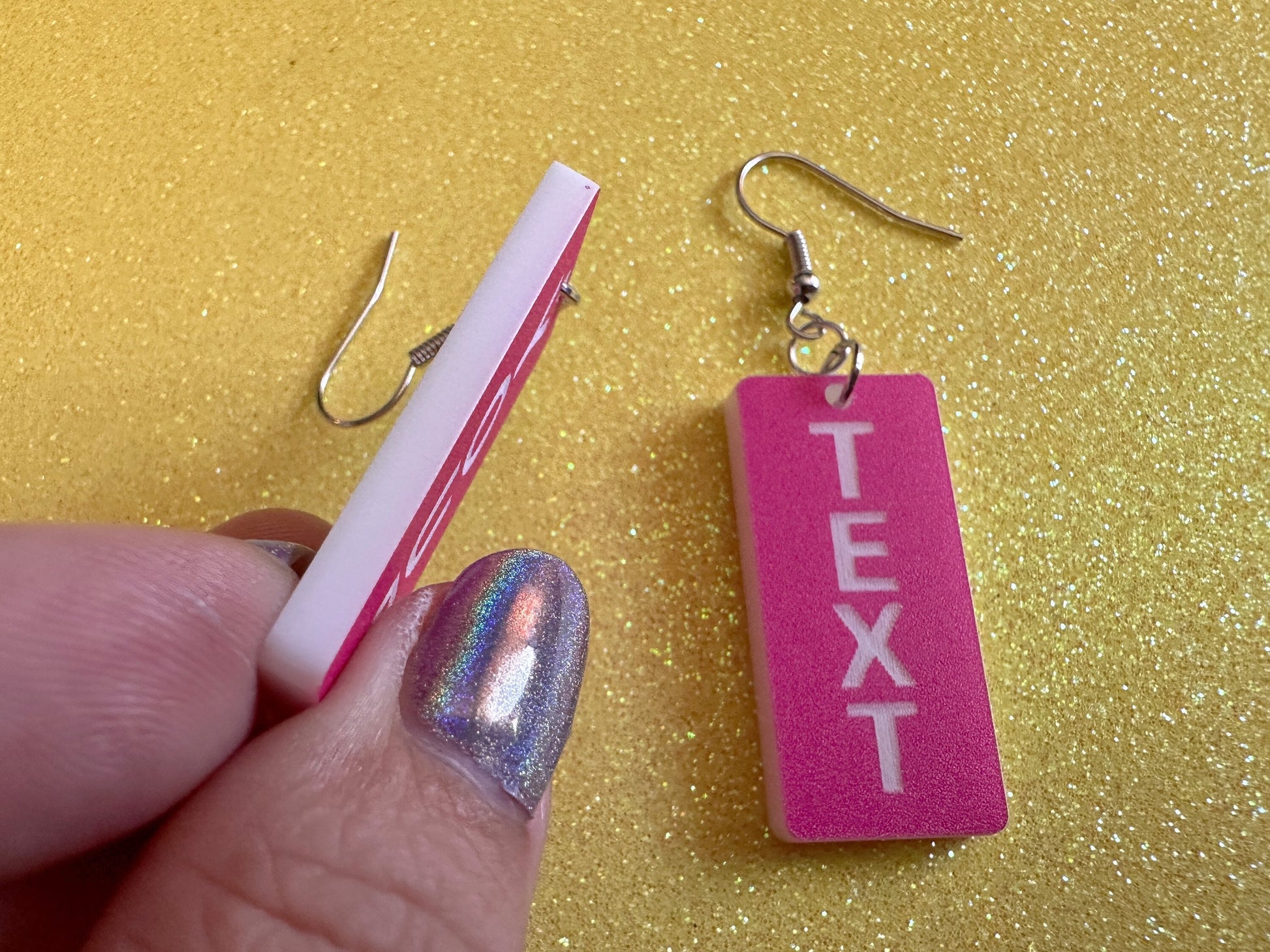 Custom Text Earrings: Laser Engraved Words, Pink with White Text, Letters, Names, Teacher Gift, Anniversary, Best Gifts for Her/Him/Them