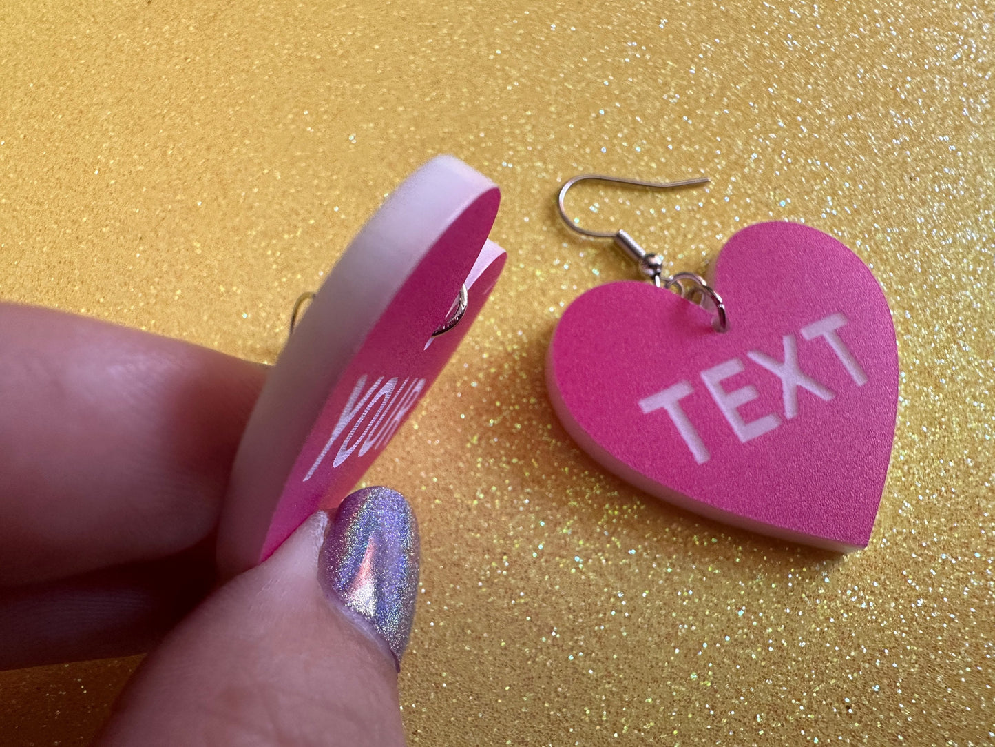 Custom Text Earrings: Laser Engraved Words, Pink with White Text, Letters, Names, Teacher Gift, Anniversary, Best Gifts for Her/Him/Them