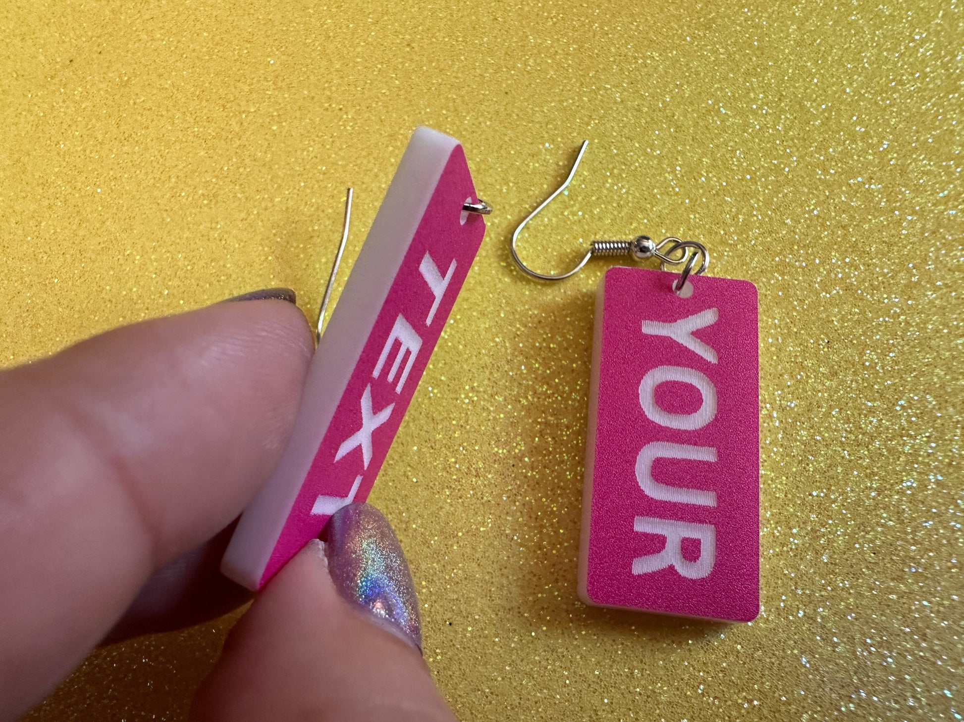 Custom Text Earrings: Laser Engraved Words, Pink with White Text, Letters, Names, Teacher Gift, Anniversary, Best Gifts for Her/Him/Them