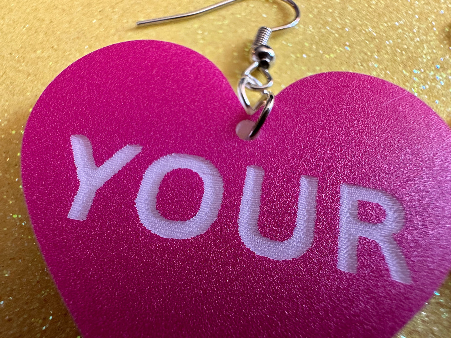 Custom Text Earrings: Laser Engraved Words, Pink with White Text, Letters, Names, Teacher Gift, Anniversary, Best Gifts for Her/Him/Them