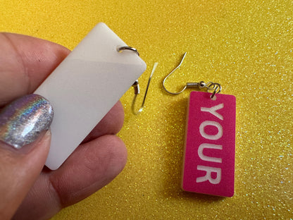 Custom Text Earrings: Laser Engraved Words, Pink with White Text, Letters, Names, Teacher Gift, Anniversary, Best Gifts for Her/Him/Them