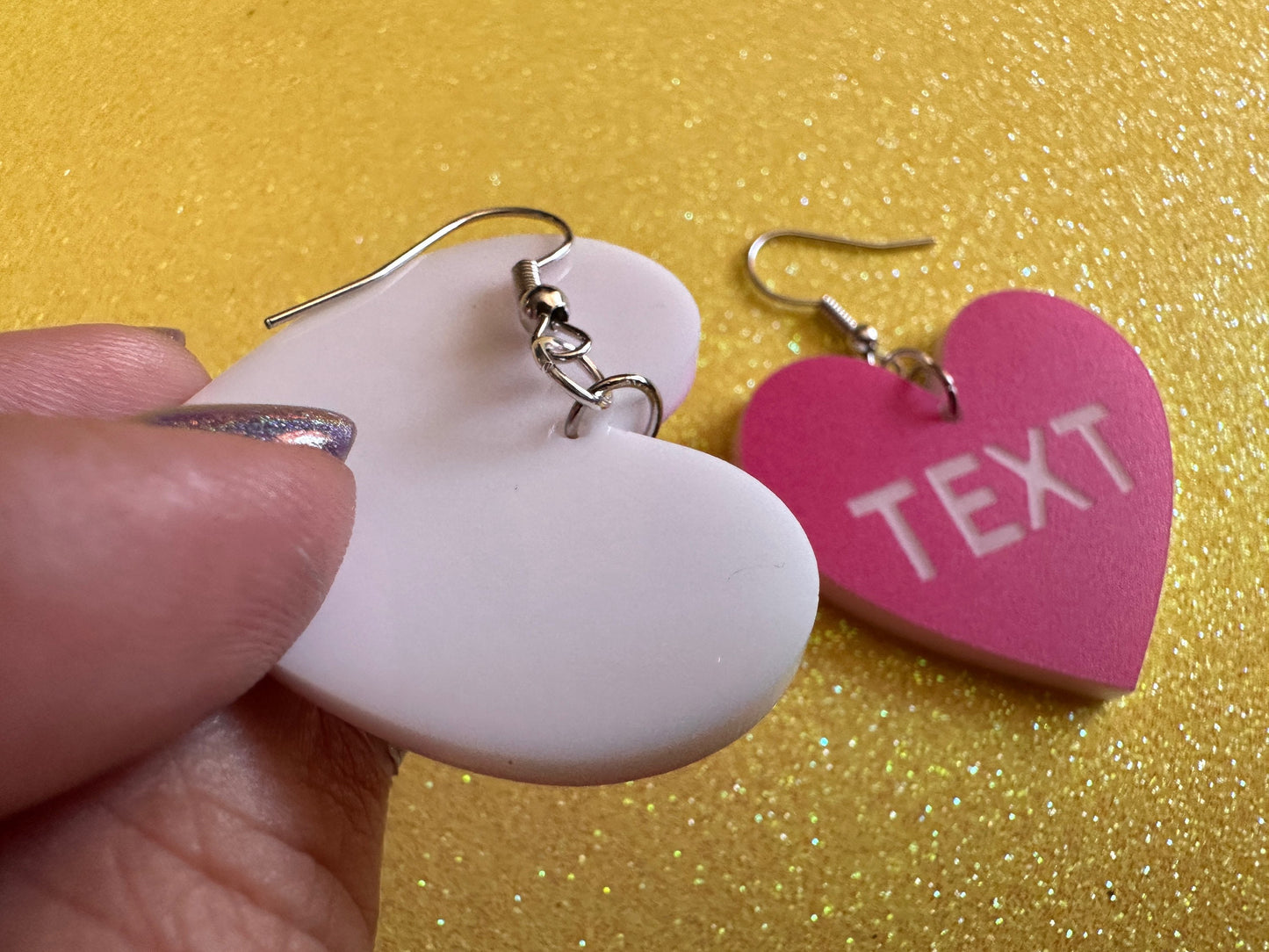 Custom Text Earrings: Laser Engraved Words, Pink with White Text, Letters, Names, Teacher Gift, Anniversary, Best Gifts for Her/Him/Them
