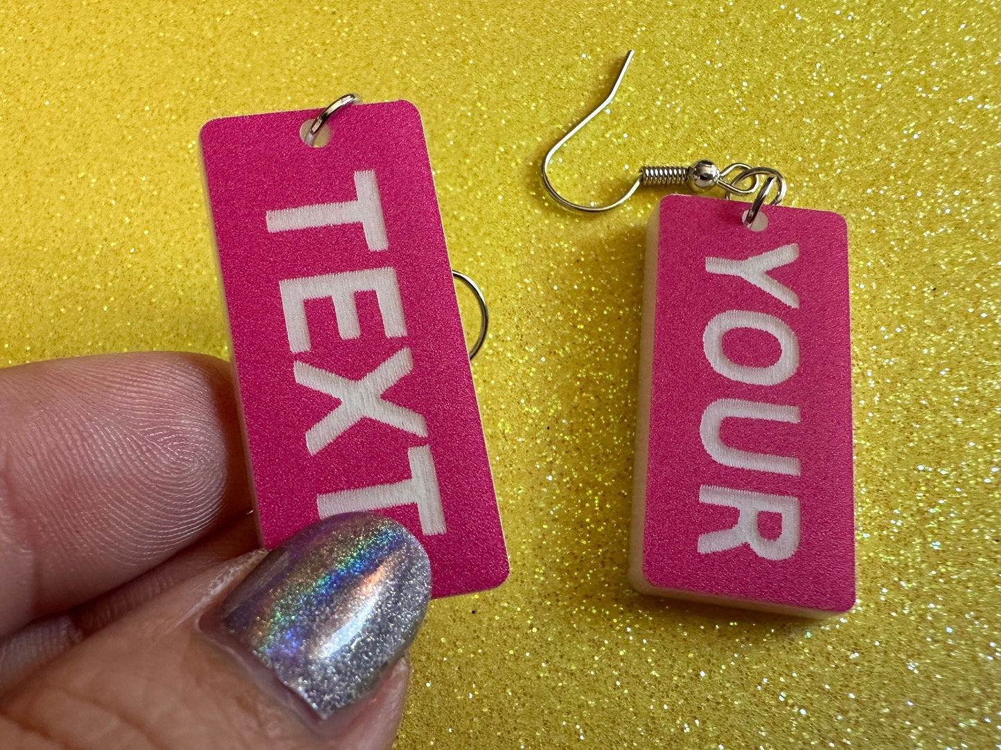 Custom Text Earrings: Laser Engraved Words, Pink with White Text, Letters, Names, Teacher Gift, Anniversary, Best Gifts for Her/Him/Them