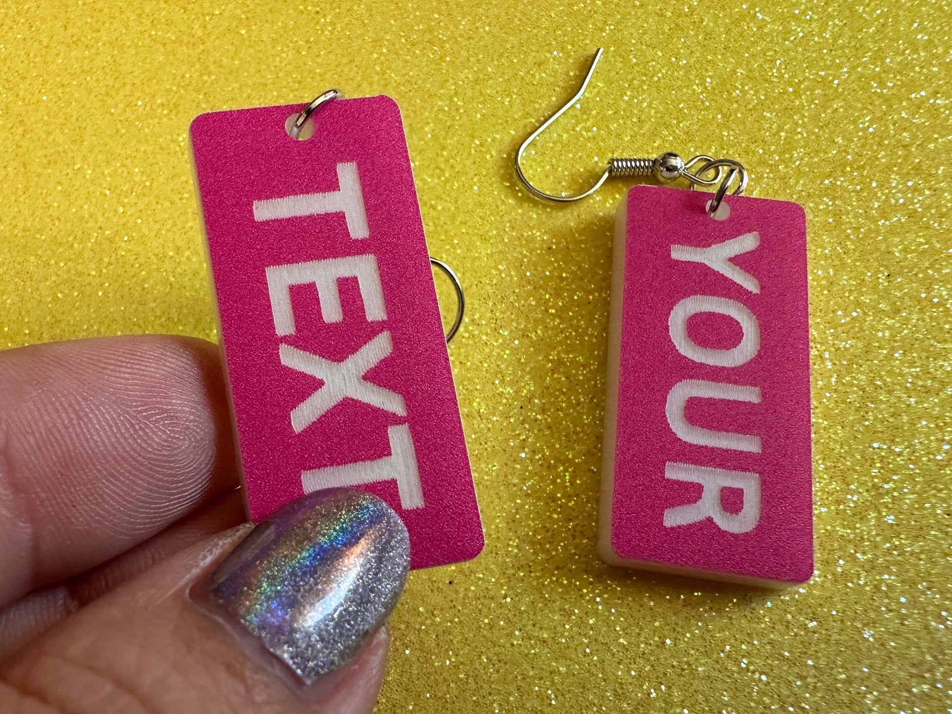 Custom Text Earrings: Laser Engraved Words, Pink with White Text, Letters, Names, Teacher Gift, Anniversary, Best Gifts for Her/Him/Them
