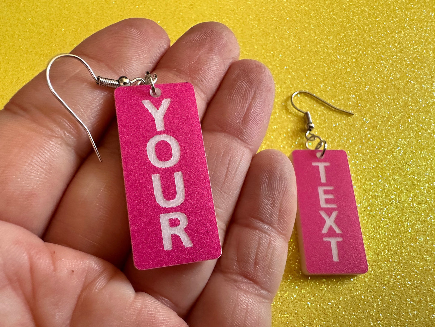 Custom Text Earrings: Laser Engraved Words, Pink with White Text, Letters, Names, Teacher Gift, Anniversary, Best Gifts for Her/Him/Them