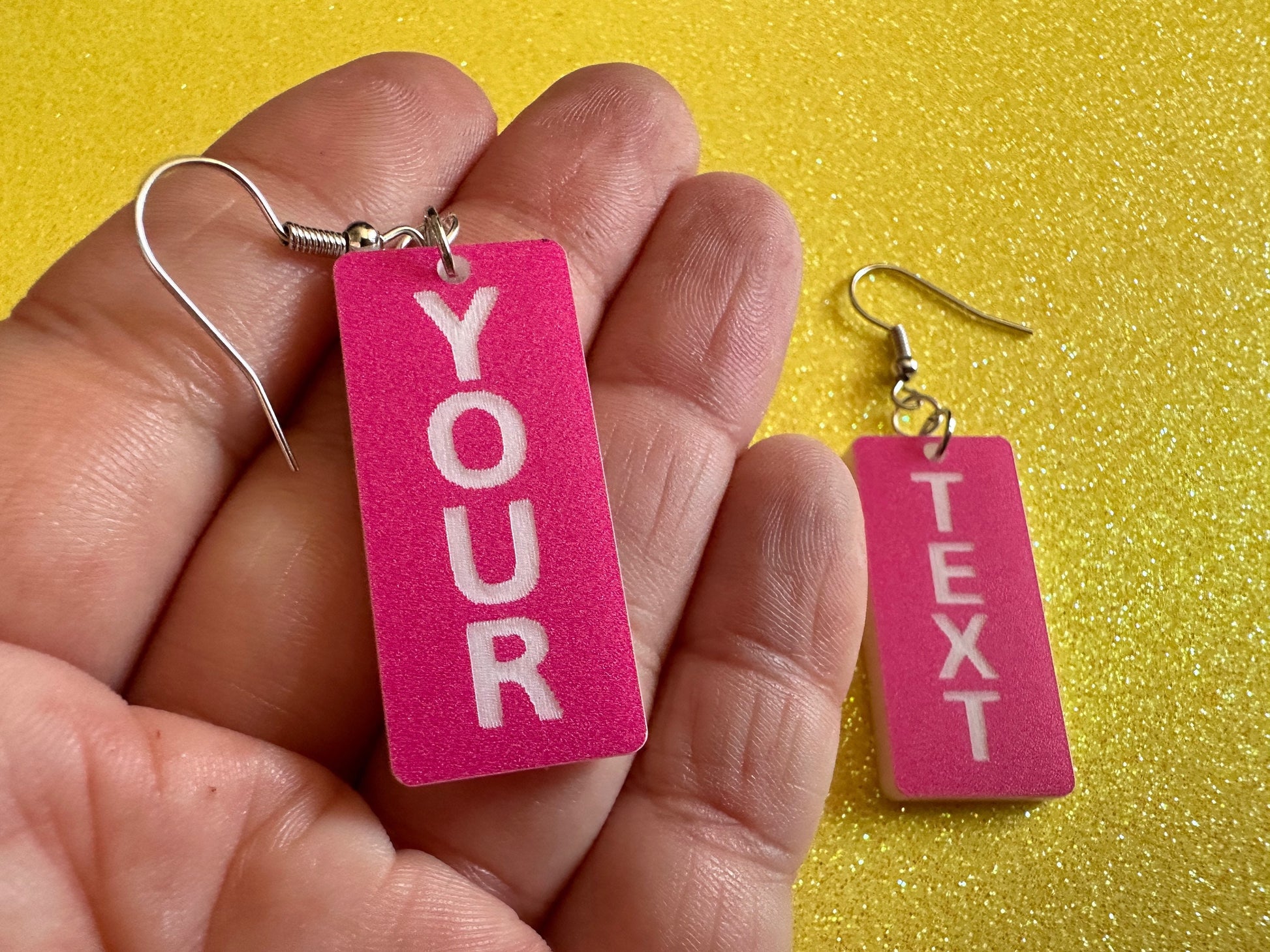 Custom Text Earrings: Laser Engraved Words, Pink with White Text, Letters, Names, Teacher Gift, Anniversary, Best Gifts for Her/Him/Them