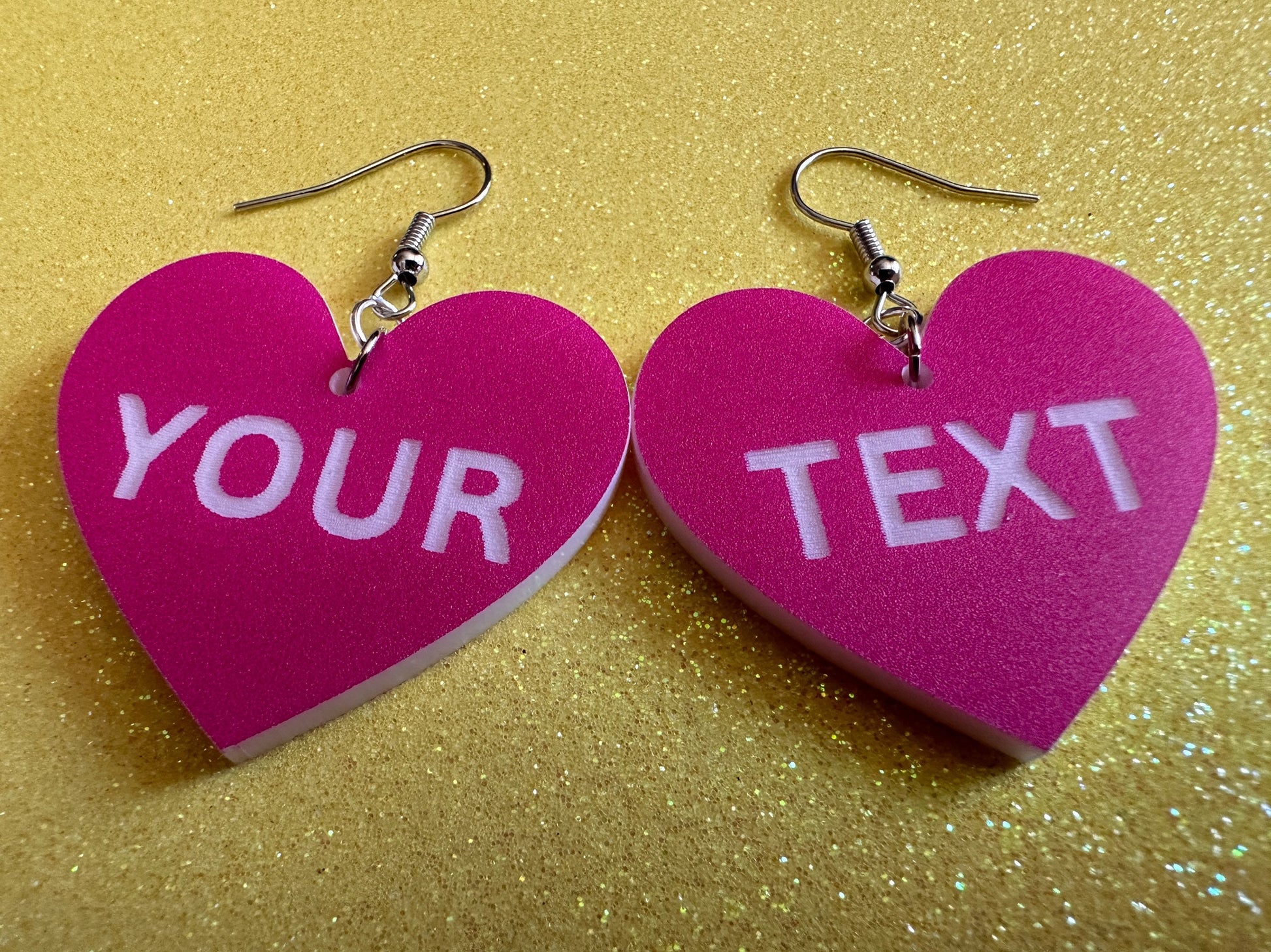 Custom Text Earrings: Laser Engraved Words, Pink with White Text, Letters, Names, Teacher Gift, Anniversary, Best Gifts for Her/Him/Them