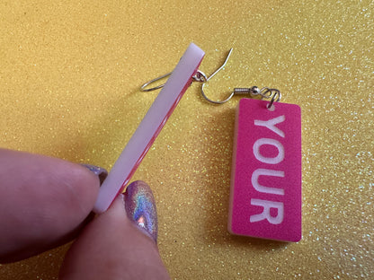 Custom Text Earrings: Laser Engraved Words, Pink with White Text, Letters, Names, Teacher Gift, Anniversary, Best Gifts for Her/Him/Them