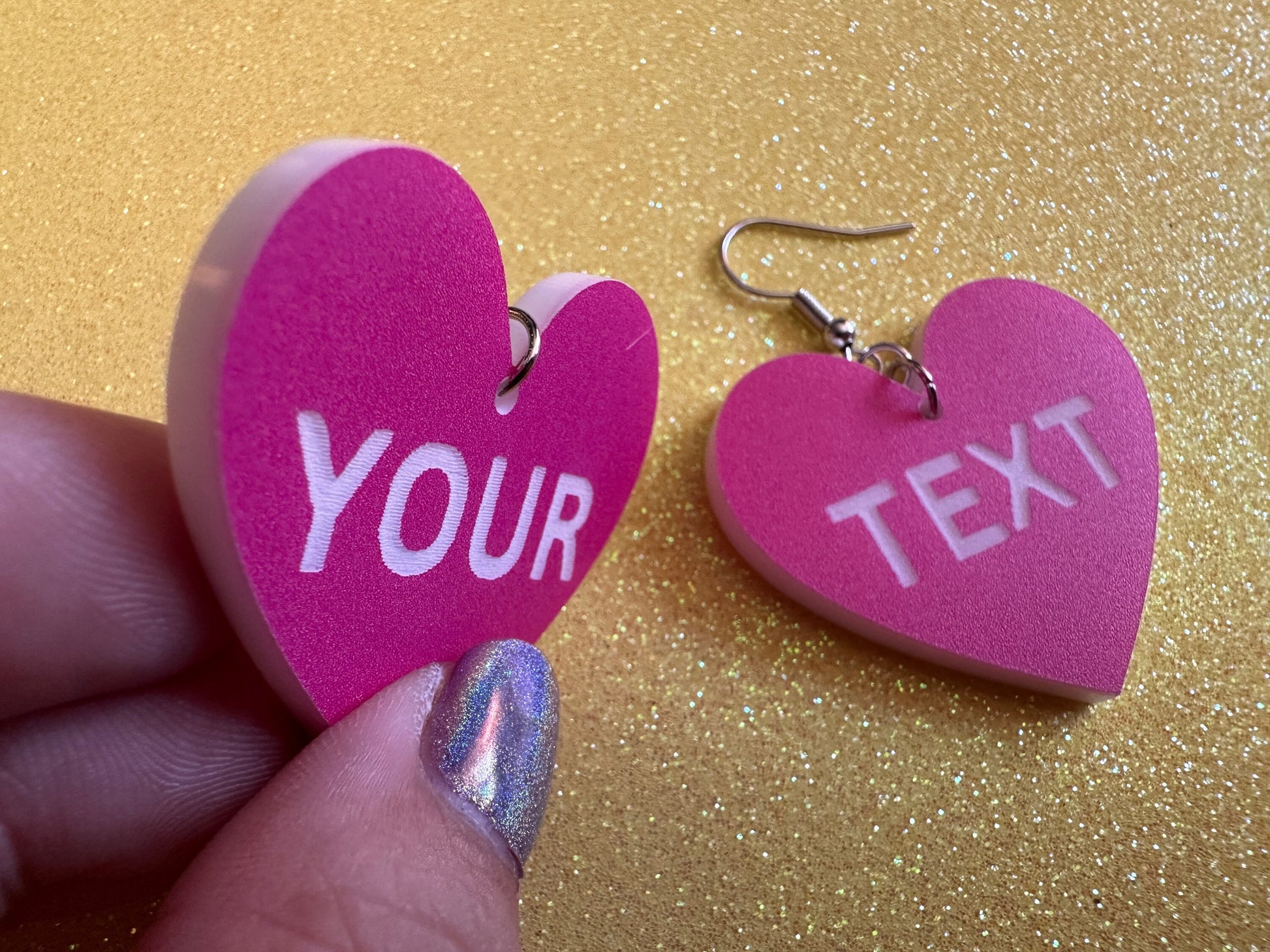 Custom Text Earrings: Laser Engraved Words, Pink with White Text, Letters, Names, Teacher Gift, Anniversary, Best Gifts for Her/Him/Them