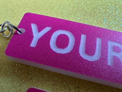 Custom Text Earrings: Laser Engraved Words, Pink with White Text, Letters, Names, Teacher Gift, Anniversary, Best Gifts for Her/Him/Them