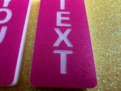 Custom Text Earrings: Laser Engraved Words, Pink with White Text, Letters, Names, Teacher Gift, Anniversary, Best Gifts for Her/Him/Them
