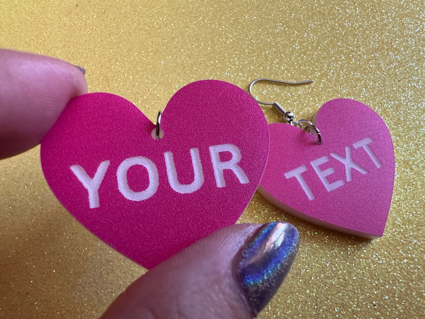 Custom Text Earrings: Laser Engraved Words, Pink with White Text, Letters, Names, Teacher Gift, Anniversary, Best Gifts for Her/Him/Them