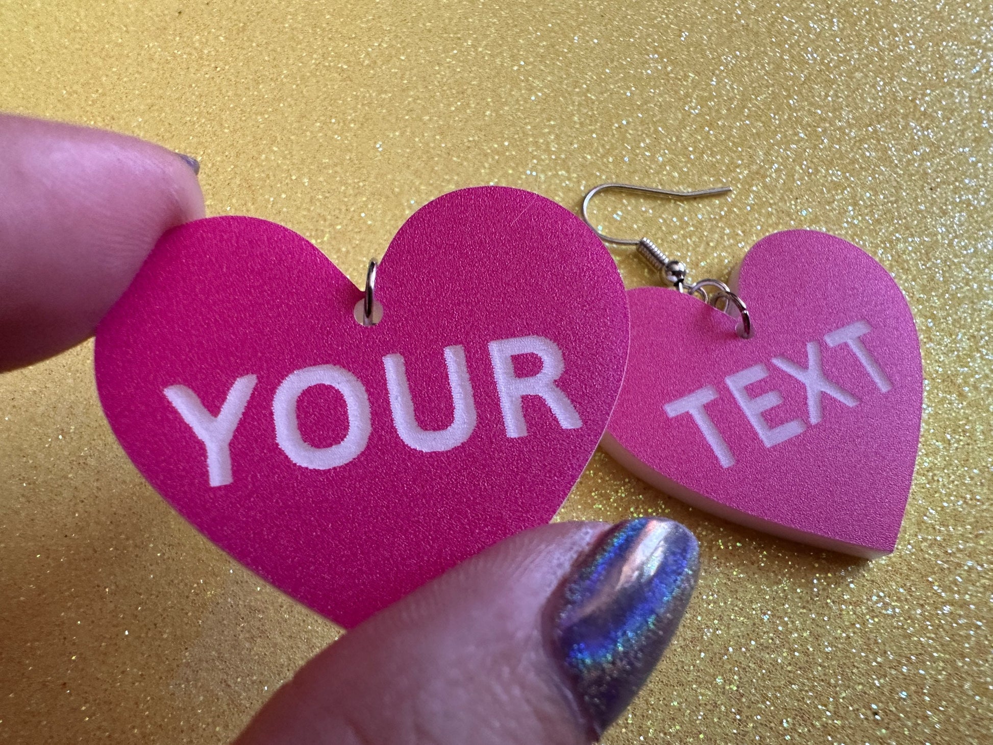 Custom Text Earrings: Laser Engraved Words, Pink with White Text, Letters, Names, Teacher Gift, Anniversary, Best Gifts for Her/Him/Them