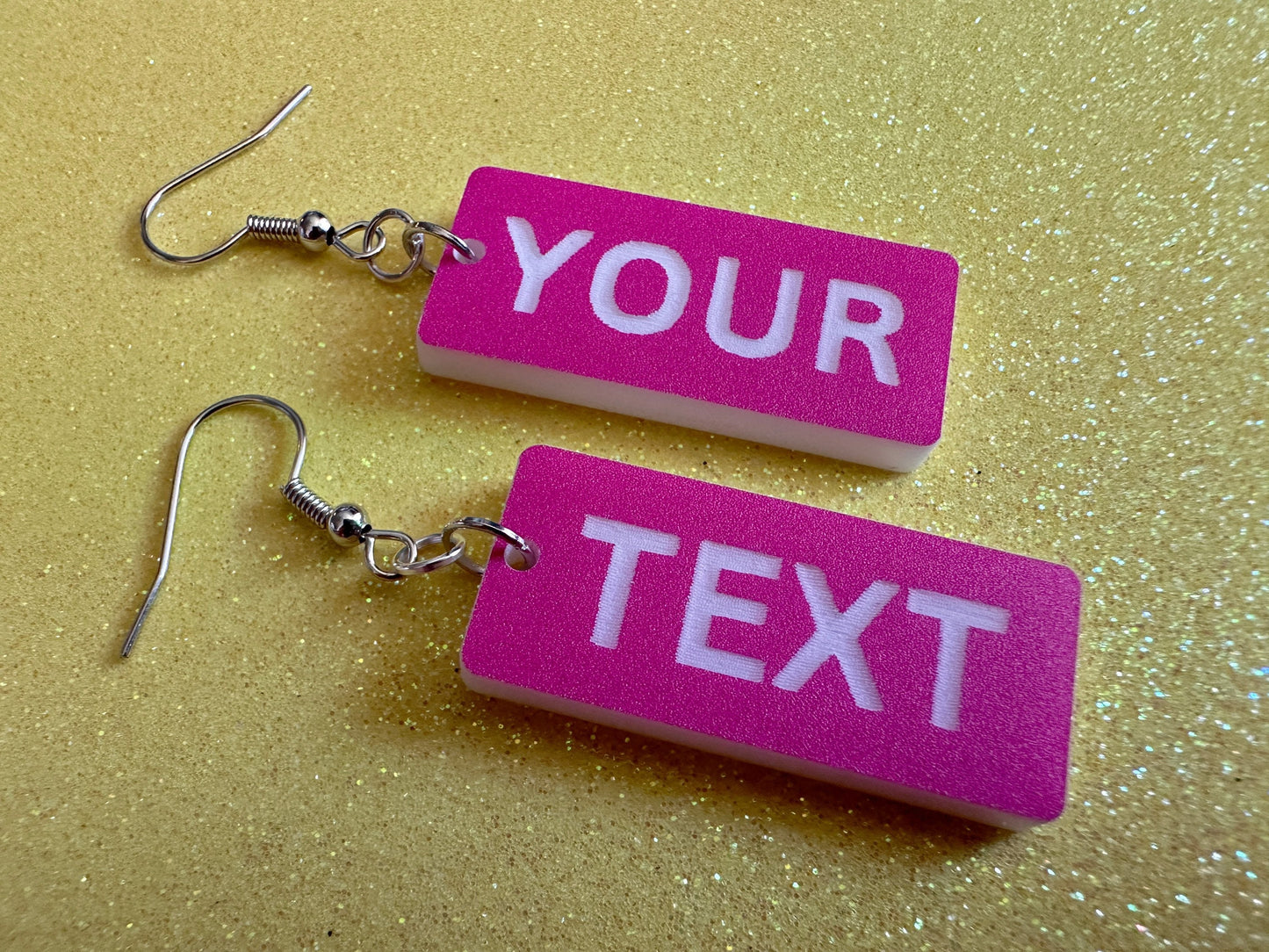 Custom Text Earrings: Laser Engraved Words, Pink with White Text, Letters, Names, Teacher Gift, Anniversary, Best Gifts for Her/Him/Them
