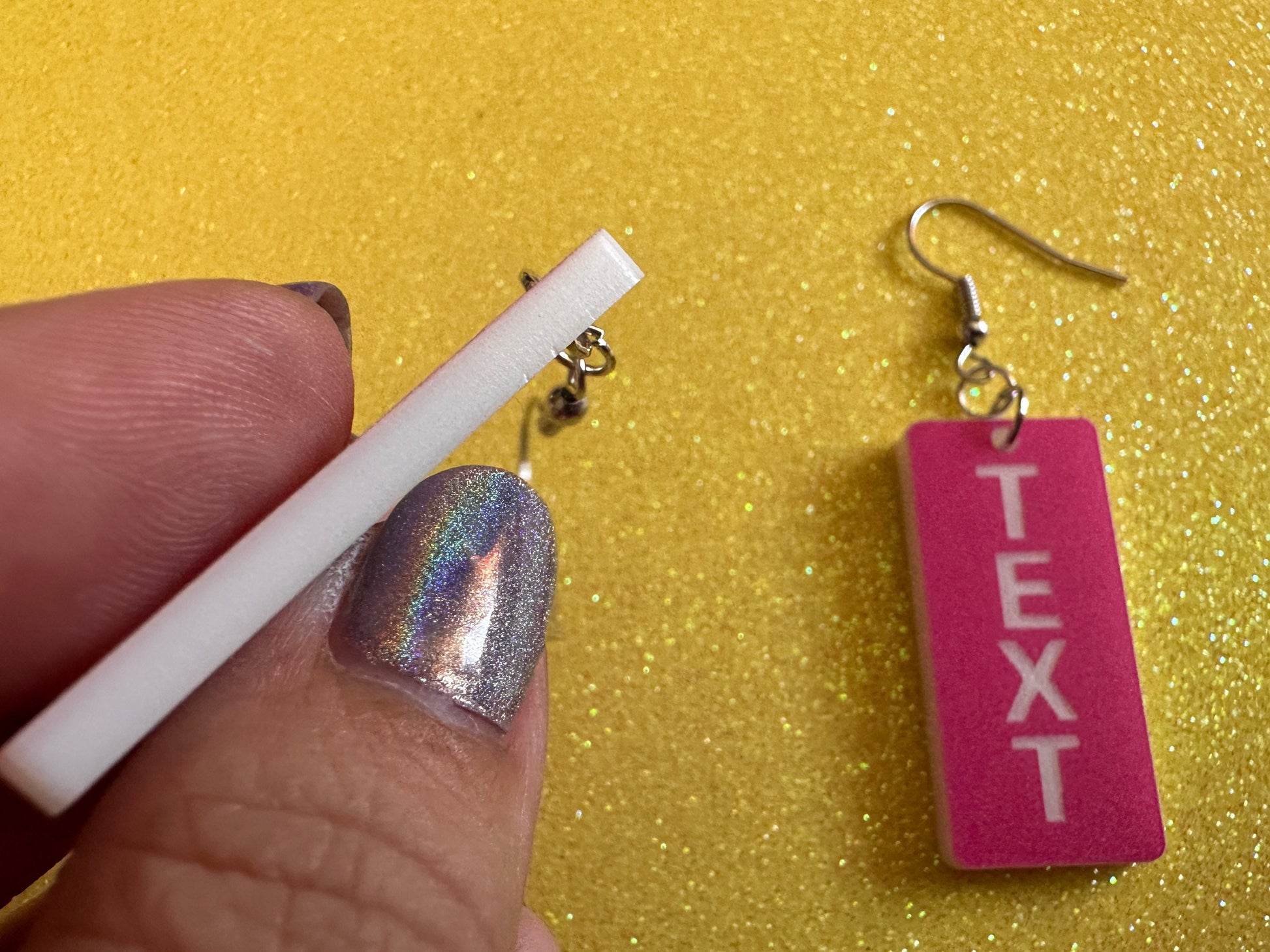 Custom Text Earrings: Laser Engraved Words, Pink with White Text, Letters, Names, Teacher Gift, Anniversary, Best Gifts for Her/Him/Them