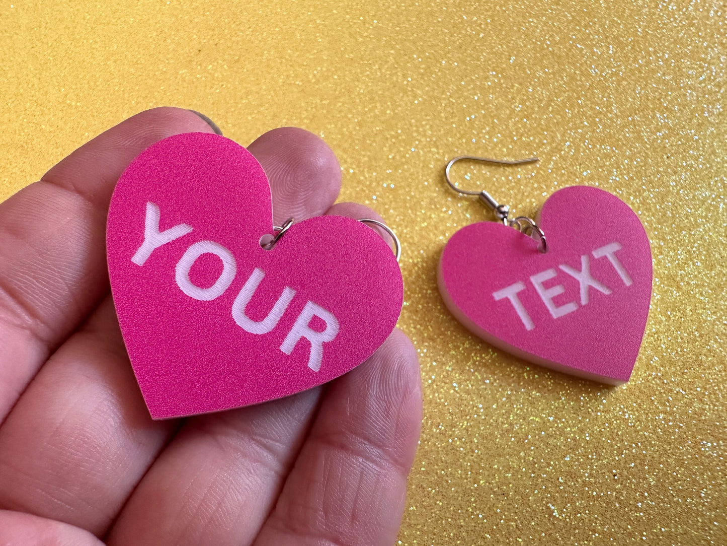 Custom Text Earrings: Laser Engraved Words, Pink with White Text, Letters, Names, Teacher Gift, Anniversary, Best Gifts for Her/Him/Them
