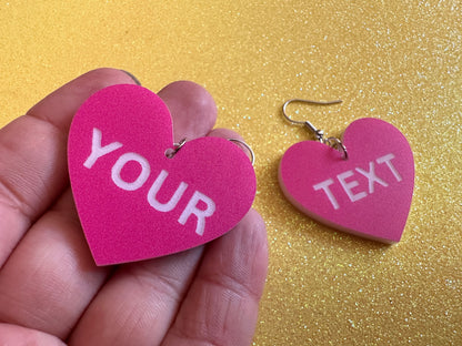 Custom Text Earrings: Laser Engraved Words, Pink with White Text, Letters, Names, Teacher Gift, Anniversary, Best Gifts for Her/Him/Them