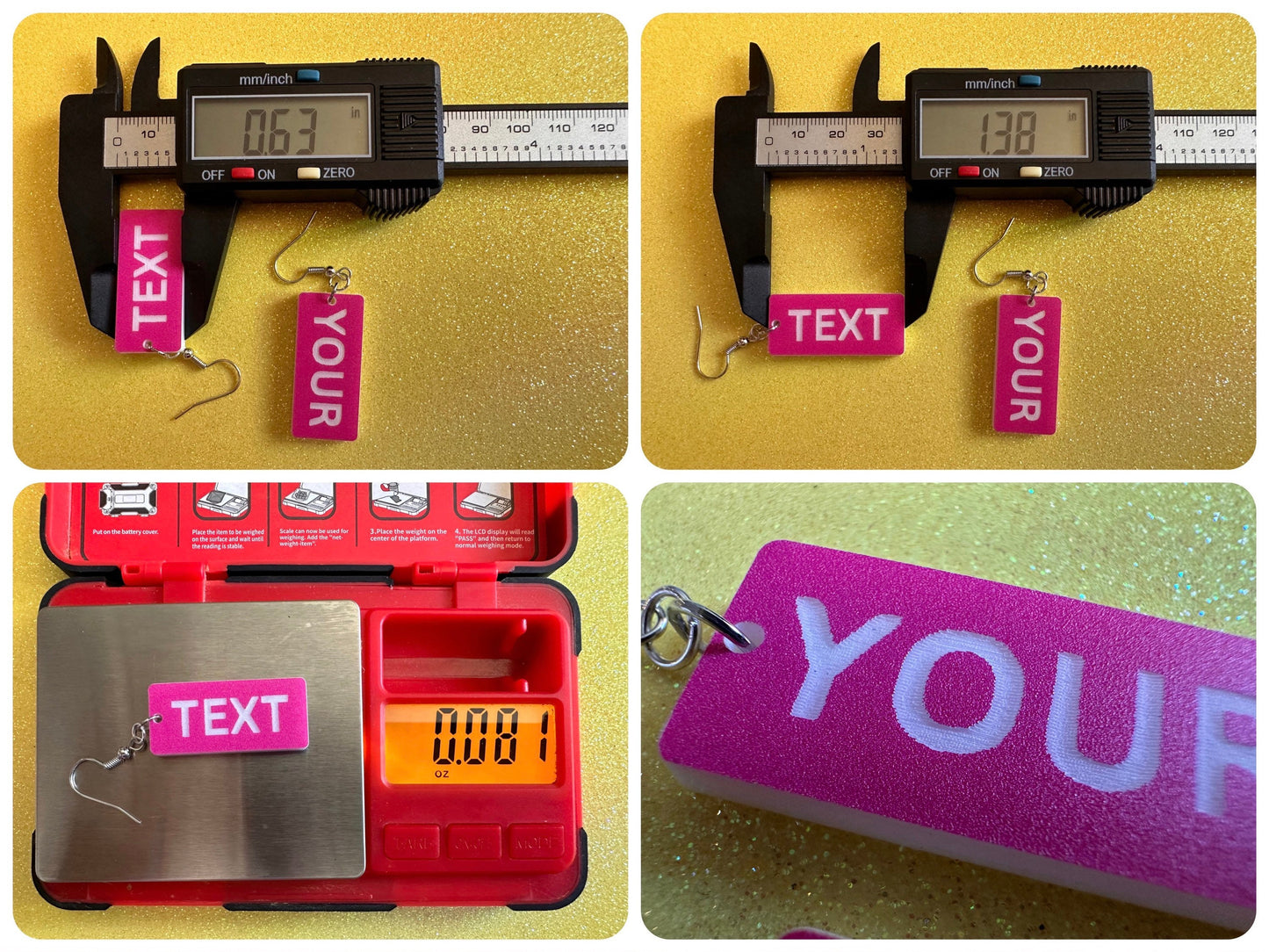 Custom Text Earrings: Laser Engraved Words, Pink with White Text, Letters, Names, Teacher Gift, Anniversary, Best Gifts for Her/Him/Them