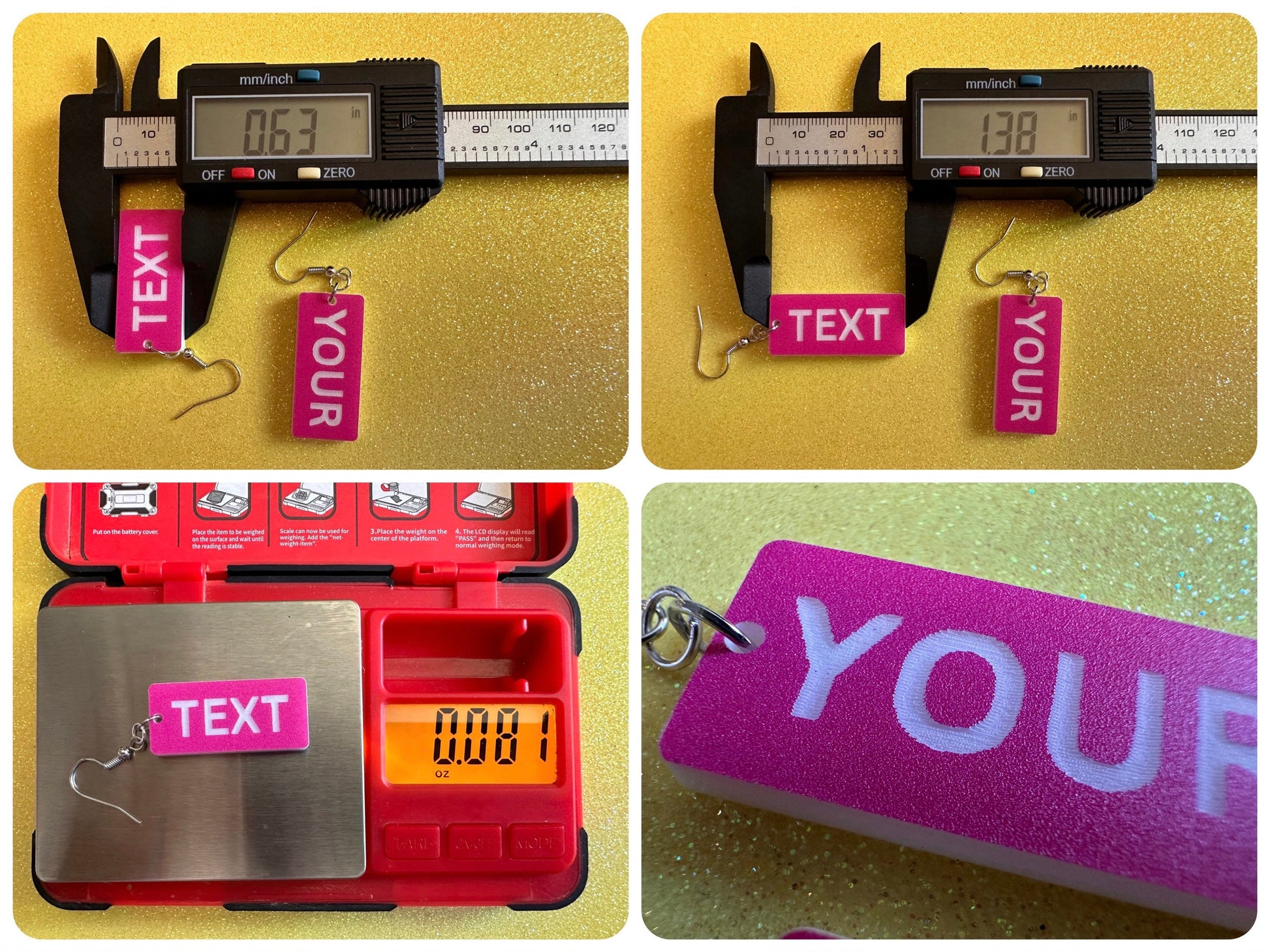 Custom Text Earrings: Laser Engraved Words, Pink with White Text, Letters, Names, Teacher Gift, Anniversary, Best Gifts for Her/Him/Them