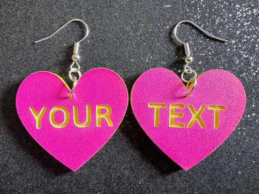 Custom Text Earrings: Laser Engraved Words, Pink with Yellow Text, Letters, Names, Teacher Gift, Anniversary, Best Gifts for Her/Him/Them