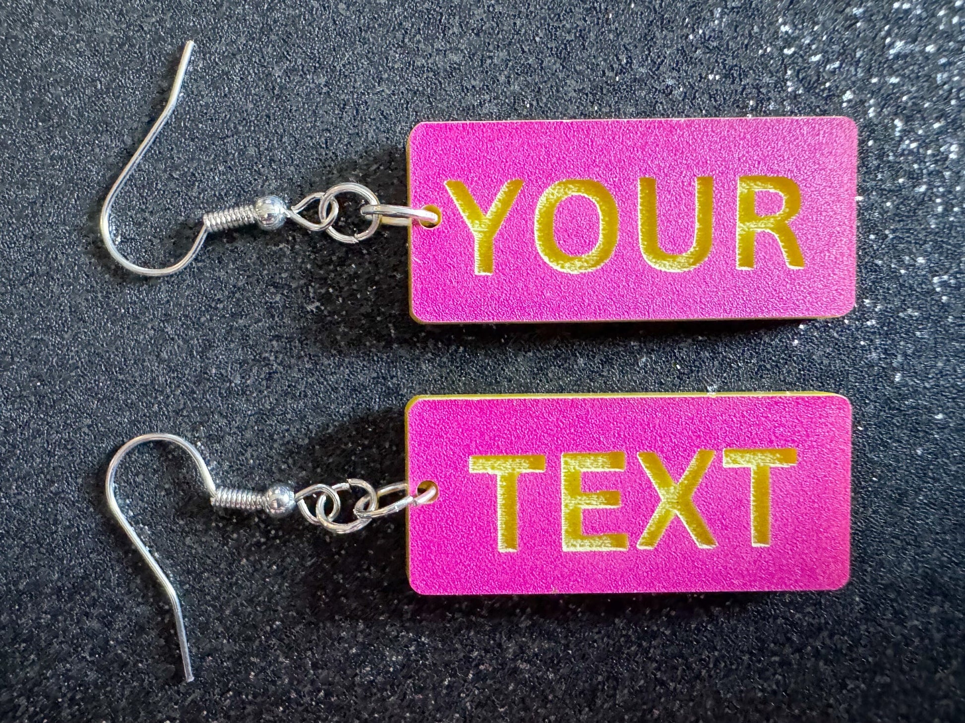 Custom Text Earrings: Laser Engraved Words, Pink with Yellow Text, Letters, Names, Teacher Gift, Anniversary, Best Gifts for Her/Him/Them