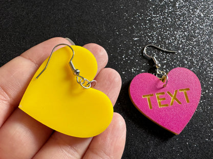 Custom Text Earrings: Laser Engraved Words, Pink with Yellow Text, Letters, Names, Teacher Gift, Anniversary, Best Gifts for Her/Him/Them