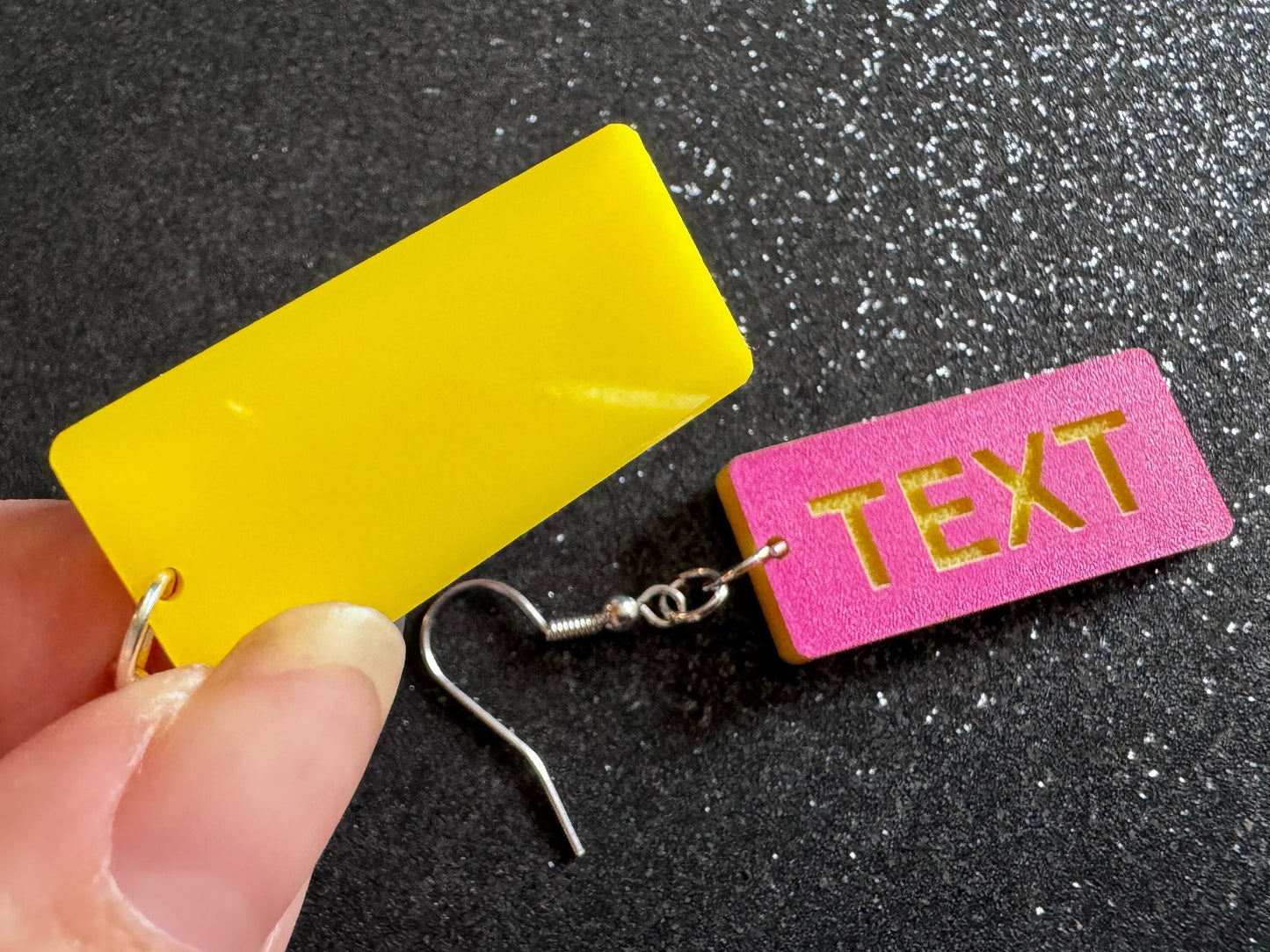 Custom Text Earrings: Laser Engraved Words, Pink with Yellow Text, Letters, Names, Teacher Gift, Anniversary, Best Gifts for Her/Him/Them