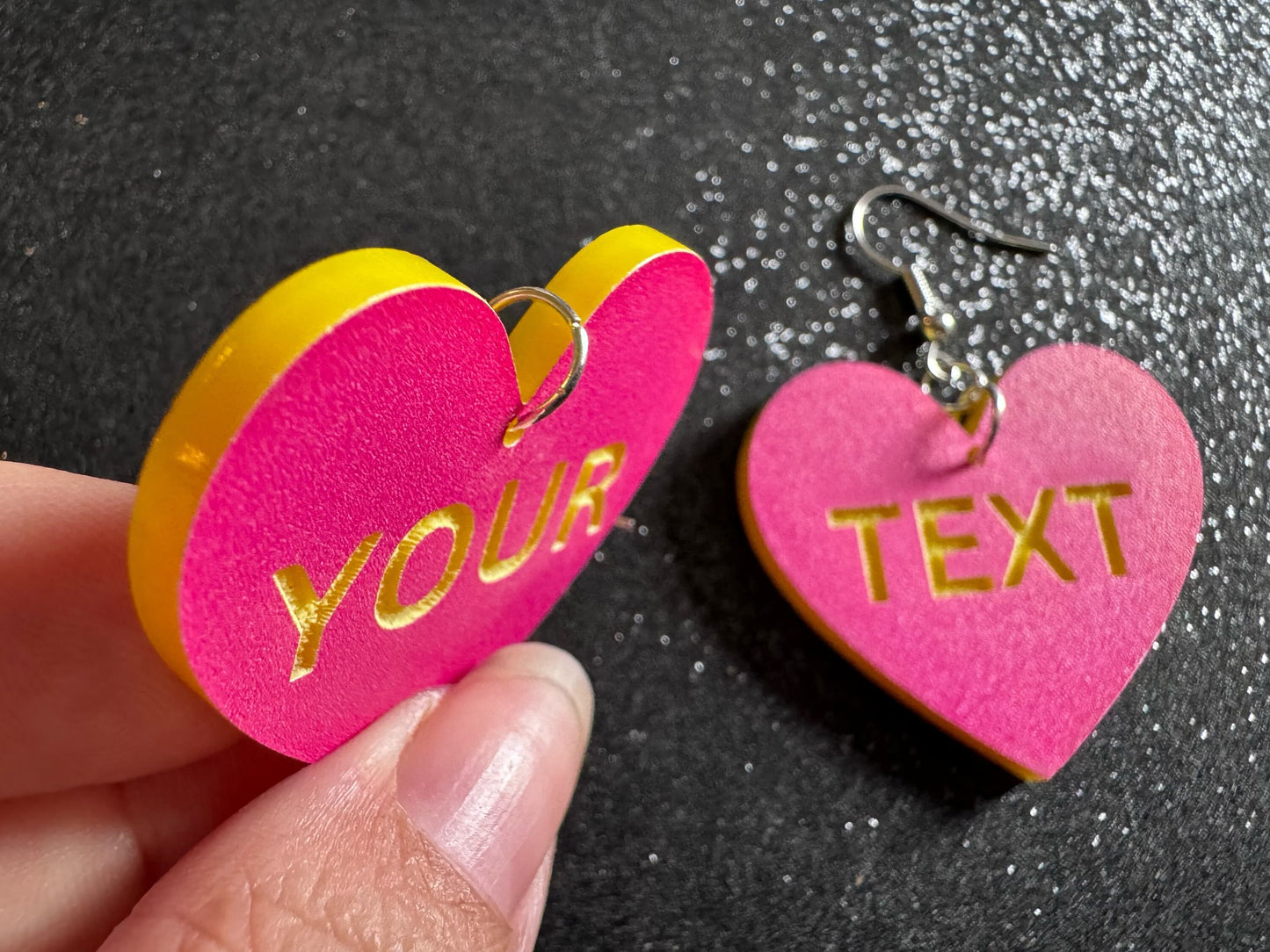 Custom Text Earrings: Laser Engraved Words, Pink with Yellow Text, Letters, Names, Teacher Gift, Anniversary, Best Gifts for Her/Him/Them