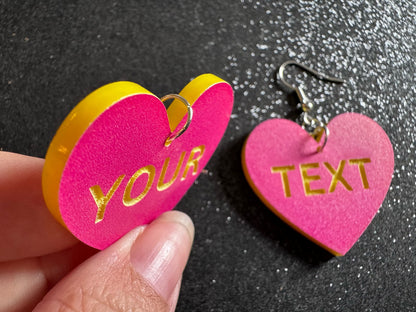 Custom Text Earrings: Laser Engraved Words, Pink with Yellow Text, Letters, Names, Teacher Gift, Anniversary, Best Gifts for Her/Him/Them