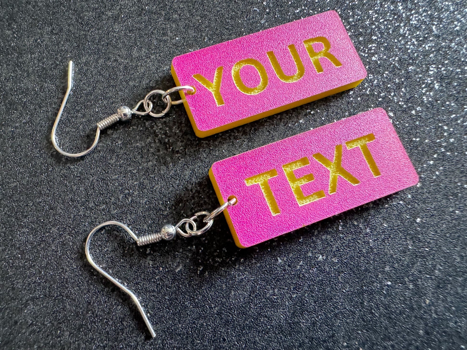 Custom Text Earrings: Laser Engraved Words, Pink with Yellow Text, Letters, Names, Teacher Gift, Anniversary, Best Gifts for Her/Him/Them