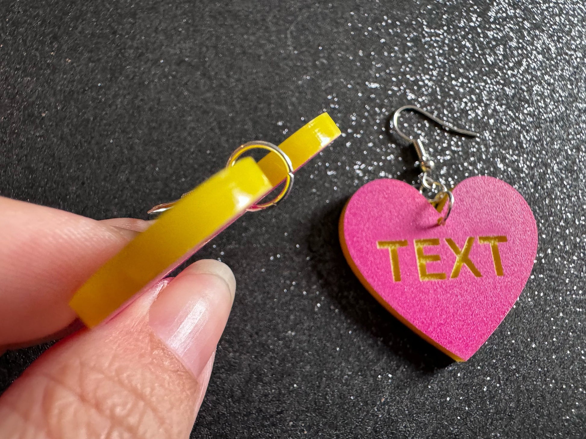 Custom Text Earrings: Laser Engraved Words, Pink with Yellow Text, Letters, Names, Teacher Gift, Anniversary, Best Gifts for Her/Him/Them