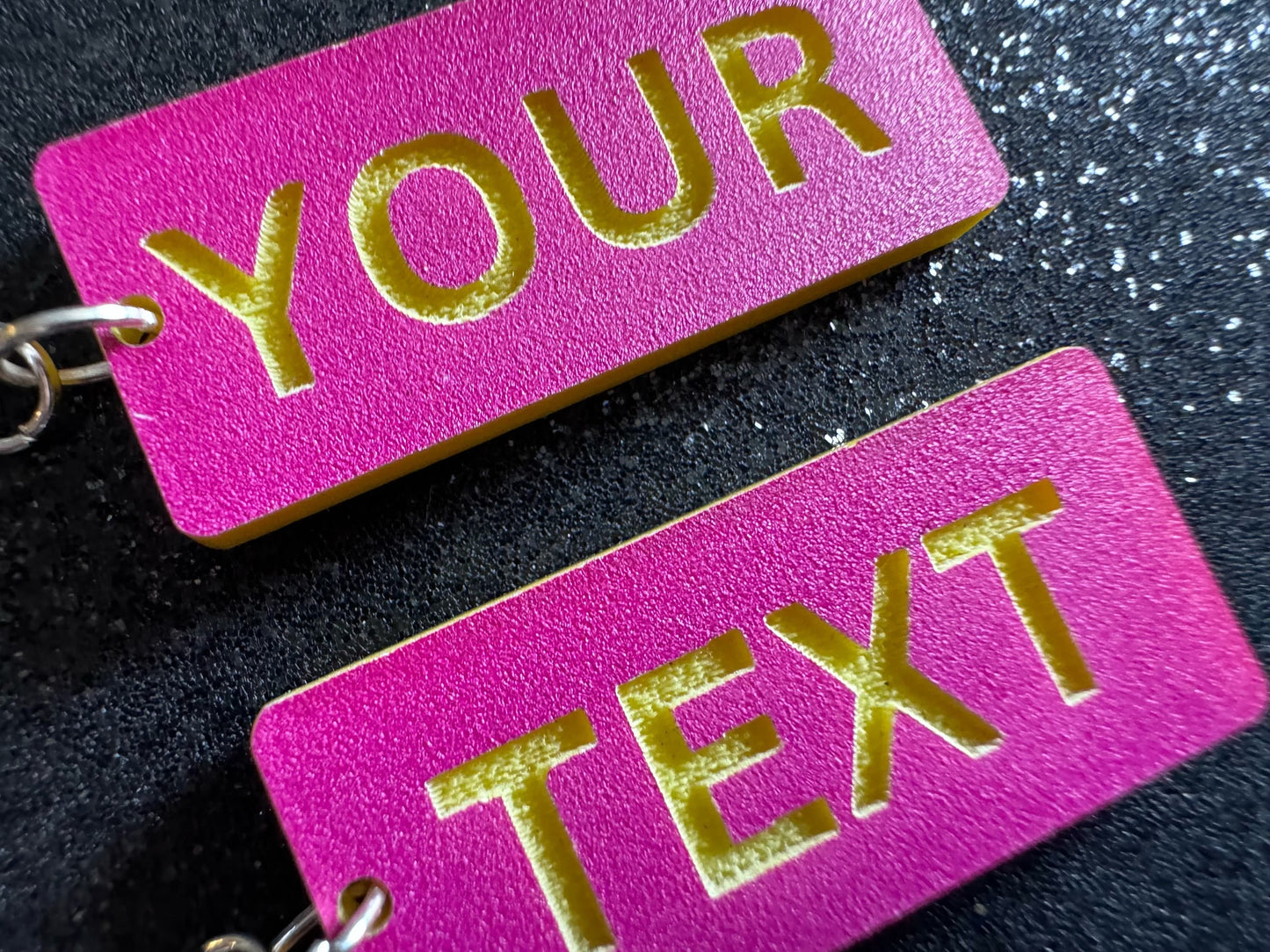 Custom Text Earrings: Laser Engraved Words, Pink with Yellow Text, Letters, Names, Teacher Gift, Anniversary, Best Gifts for Her/Him/Them