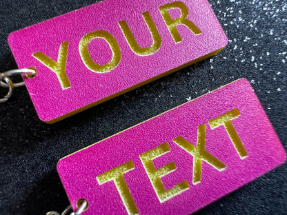 Custom Text Earrings: Laser Engraved Words, Pink with Yellow Text, Letters, Names, Teacher Gift, Anniversary, Best Gifts for Her/Him/Them