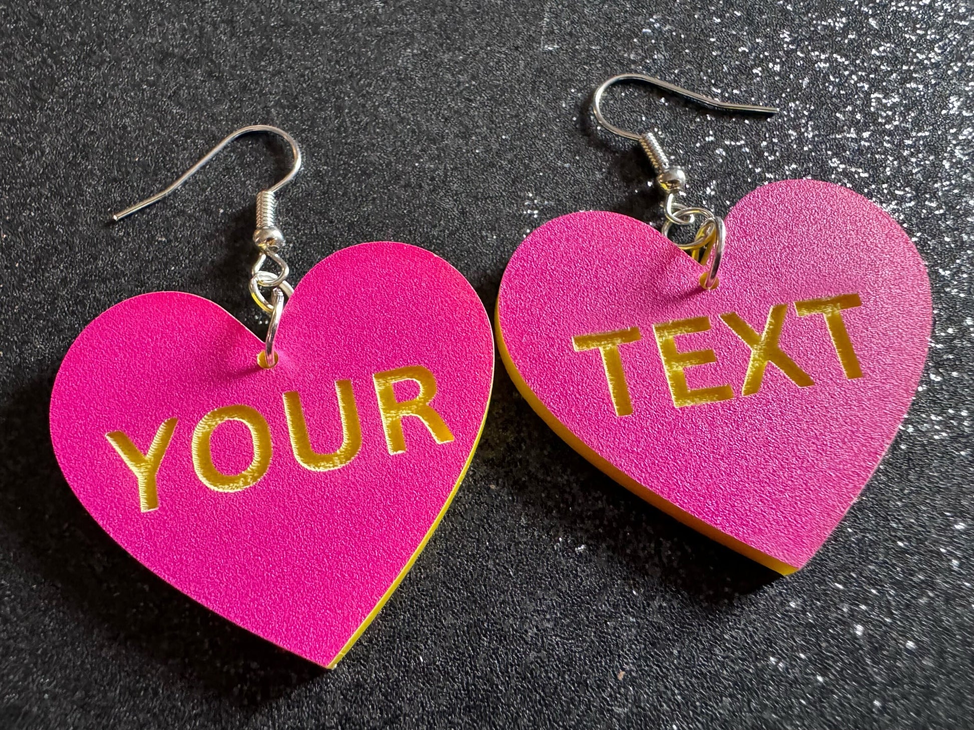 Custom Text Earrings: Laser Engraved Words, Pink with Yellow Text, Letters, Names, Teacher Gift, Anniversary, Best Gifts for Her/Him/Them