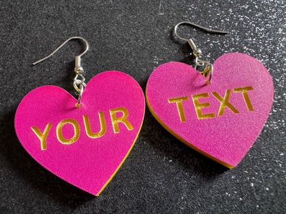 Custom Text Earrings: Laser Engraved Words, Pink with Yellow Text, Letters, Names, Teacher Gift, Anniversary, Best Gifts for Her/Him/Them