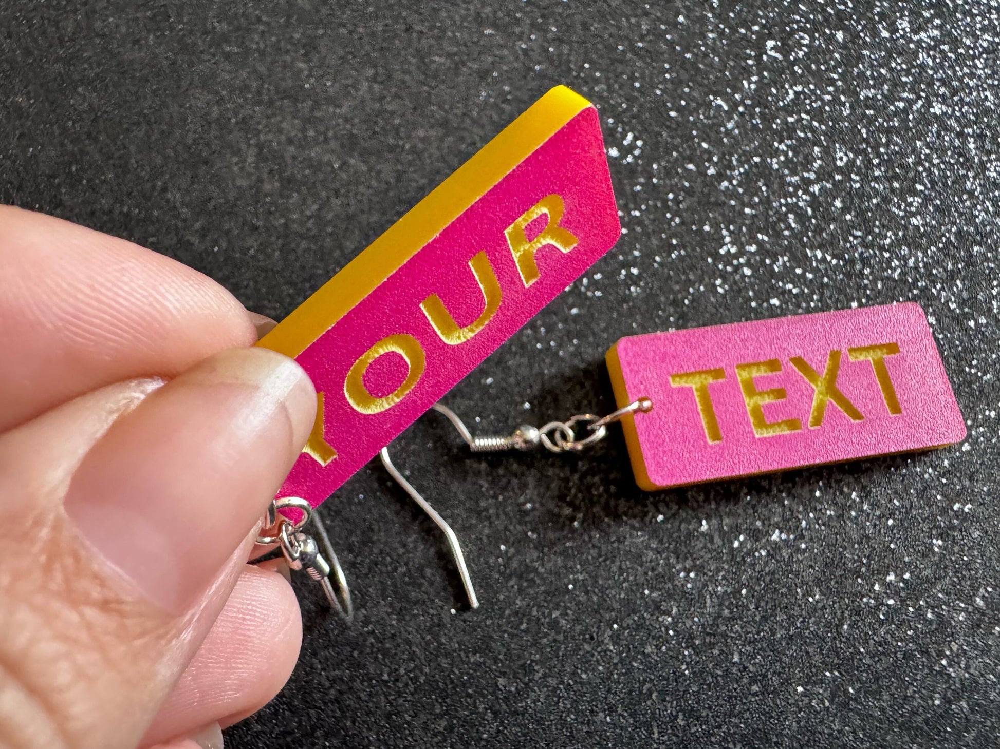 Custom Text Earrings: Laser Engraved Words, Pink with Yellow Text, Letters, Names, Teacher Gift, Anniversary, Best Gifts for Her/Him/Them