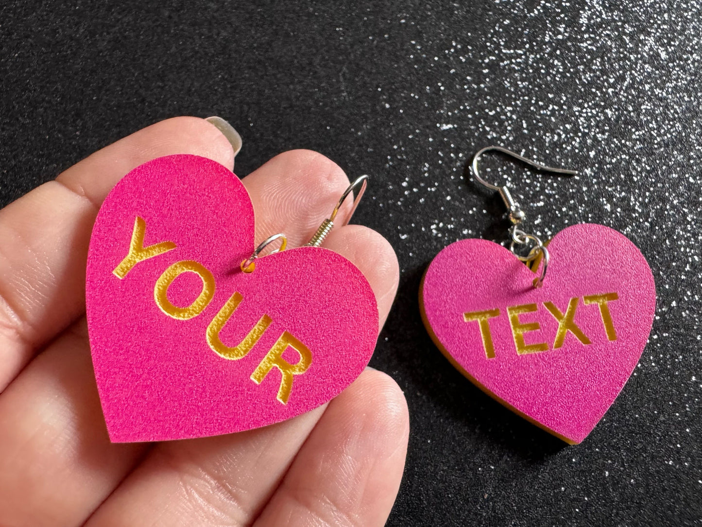 Custom Text Earrings: Laser Engraved Words, Pink with Yellow Text, Letters, Names, Teacher Gift, Anniversary, Best Gifts for Her/Him/Them