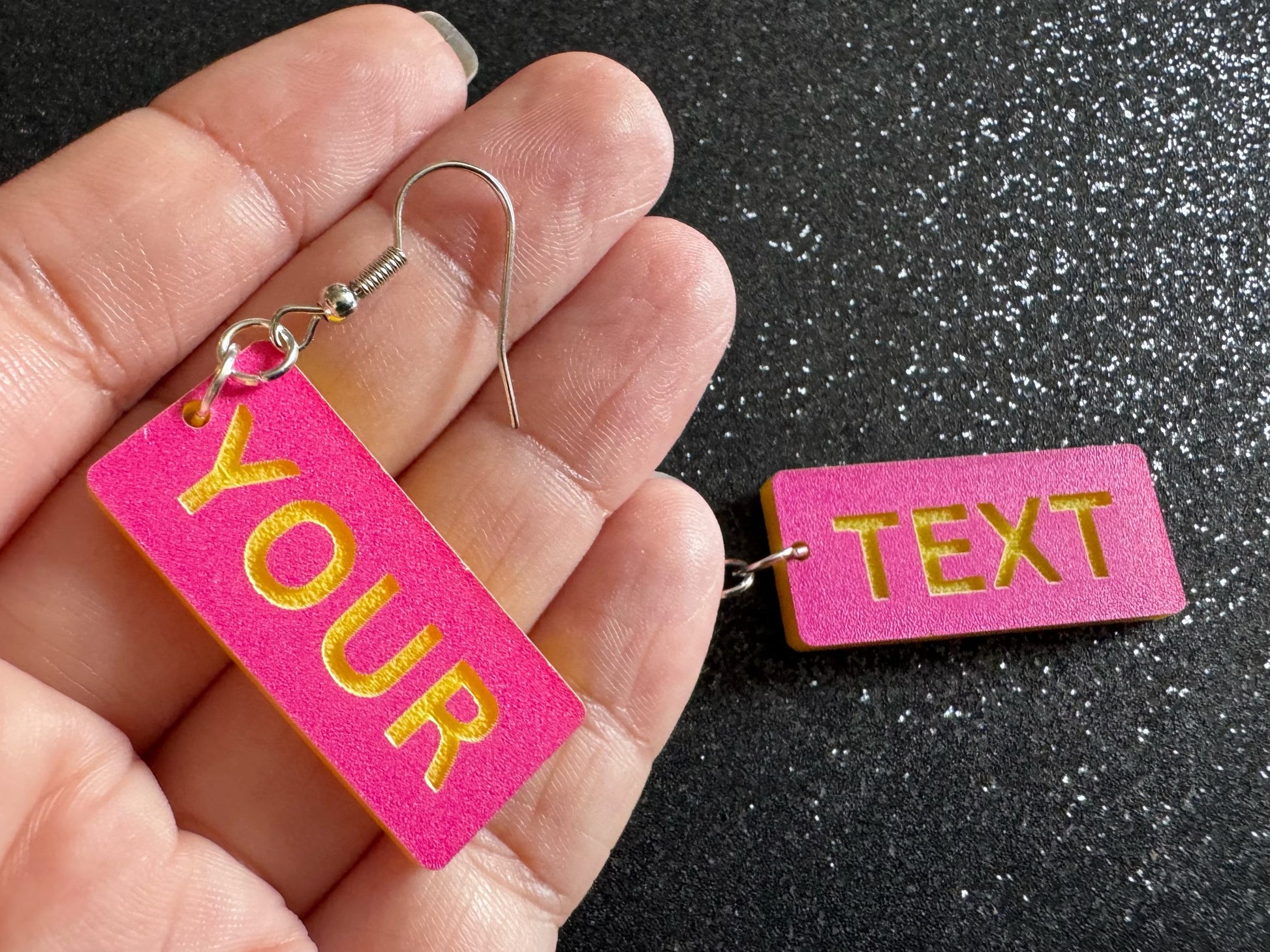 Custom Text Earrings: Laser Engraved Words, Pink with Yellow Text, Letters, Names, Teacher Gift, Anniversary, Best Gifts for Her/Him/Them