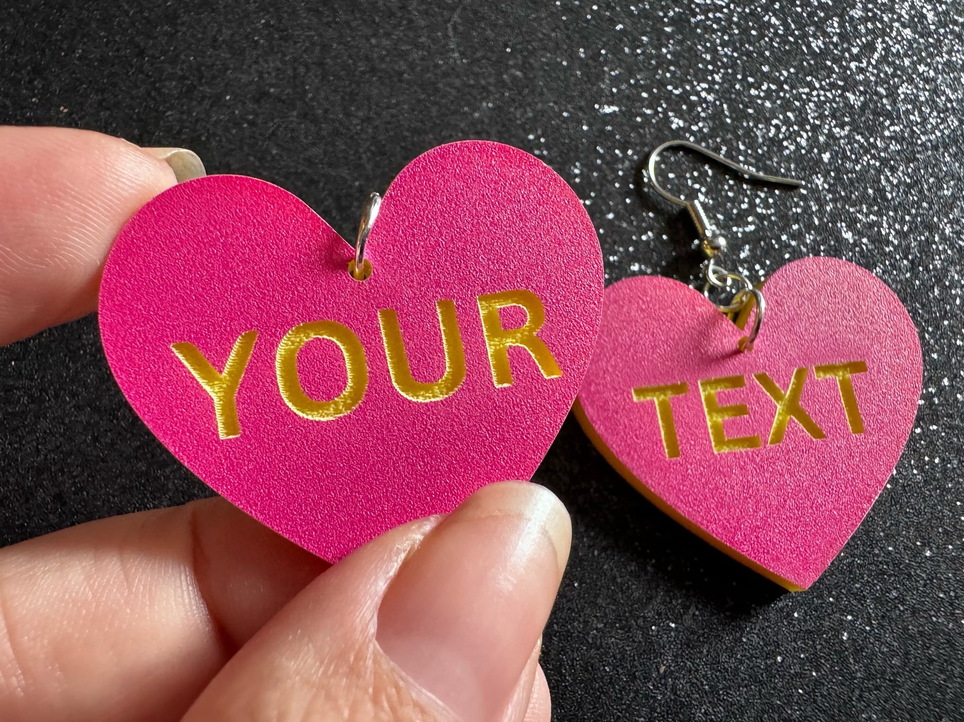 Custom Text Earrings: Laser Engraved Words, Pink with Yellow Text, Letters, Names, Teacher Gift, Anniversary, Best Gifts for Her/Him/Them