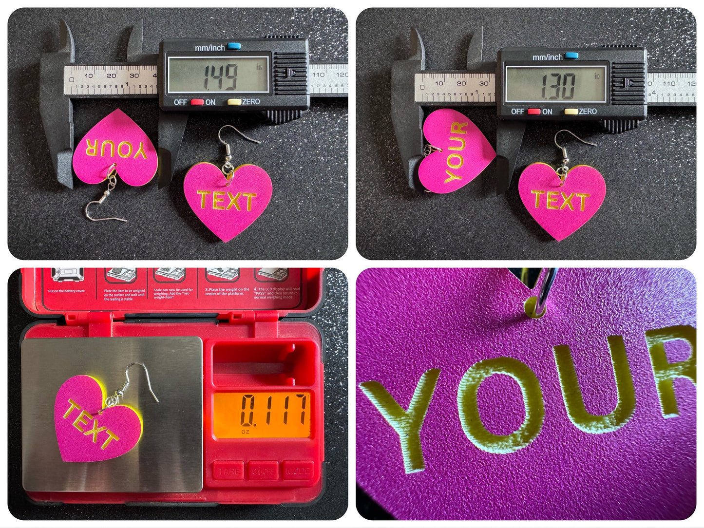 Custom Text Earrings: Laser Engraved Words, Pink with Yellow Text, Letters, Names, Teacher Gift, Anniversary, Best Gifts for Her/Him/Them