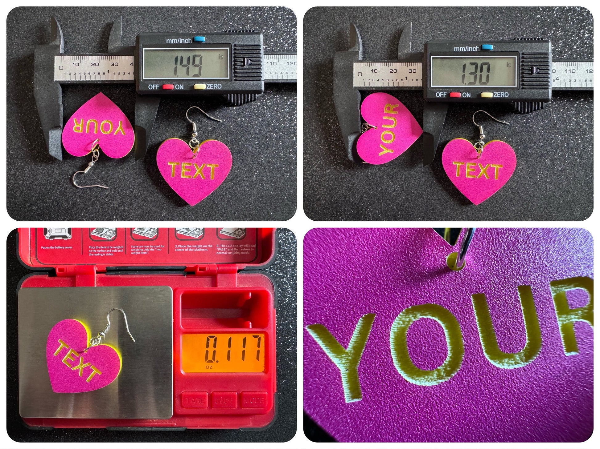Custom Text Earrings: Laser Engraved Words, Pink with Yellow Text, Letters, Names, Teacher Gift, Anniversary, Best Gifts for Her/Him/Them