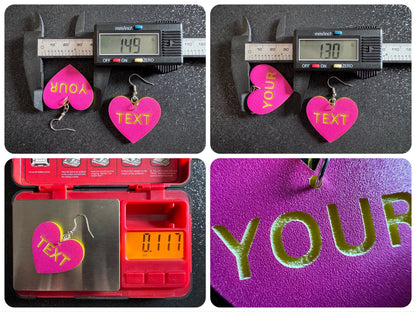 Custom Text Earrings: Laser Engraved Words, Pink with Yellow Text, Letters, Names, Teacher Gift, Anniversary, Best Gifts for Her/Him/Them