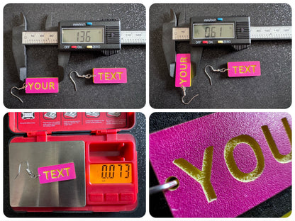 Custom Text Earrings: Laser Engraved Words, Pink with Yellow Text, Letters, Names, Teacher Gift, Anniversary, Best Gifts for Her/Him/Them