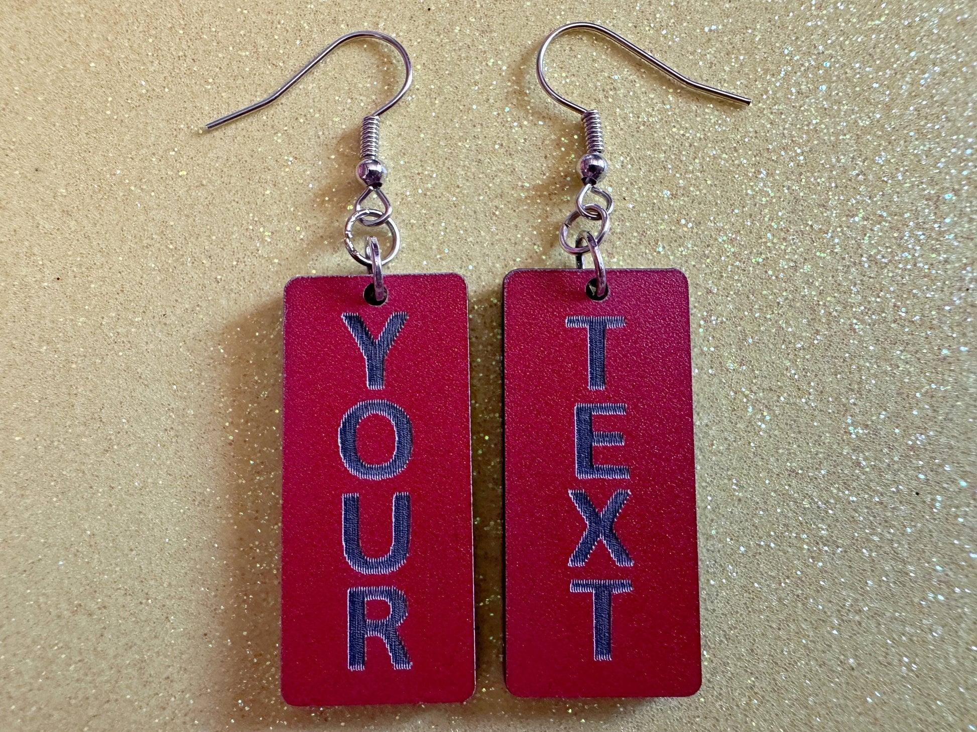 Custom Text Earrings: Laser Engraved Words, Red with Black Text, Letters, Names, Teacher Gift, Anniversary, Best Gifts for Her/Him/Them