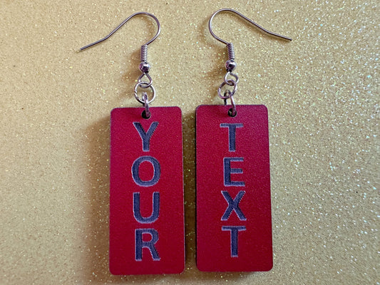 Custom Text Earrings: Laser Engraved Words, Red with Black Text, Letters, Names, Teacher Gift, Anniversary, Best Gifts for Her/Him/Them